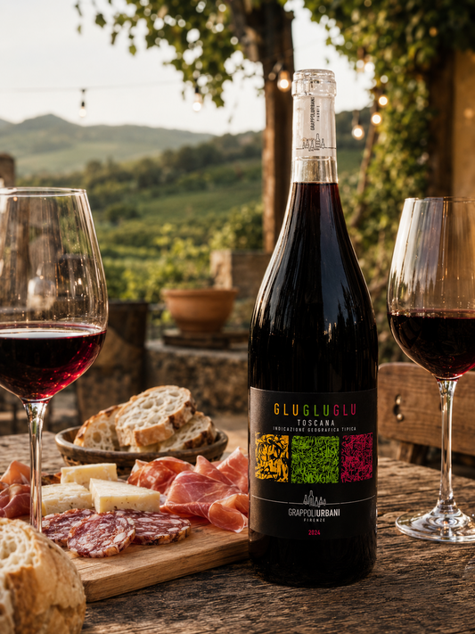 Vino Grappoli Urbani con tagliere e calici