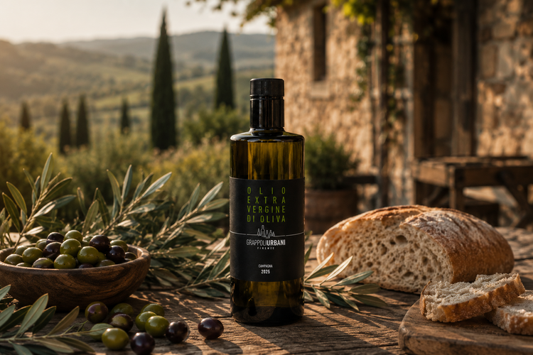 Olio extravergine di oliva Grappoli Urbani con pane e olive